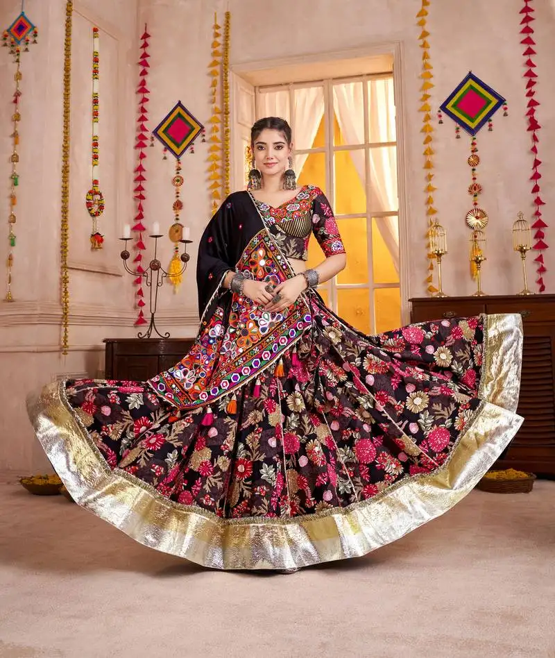 Black kutchi embroidered & mirror work viscose cotton traditional navratri festival wedding garba stitched lehenga choli