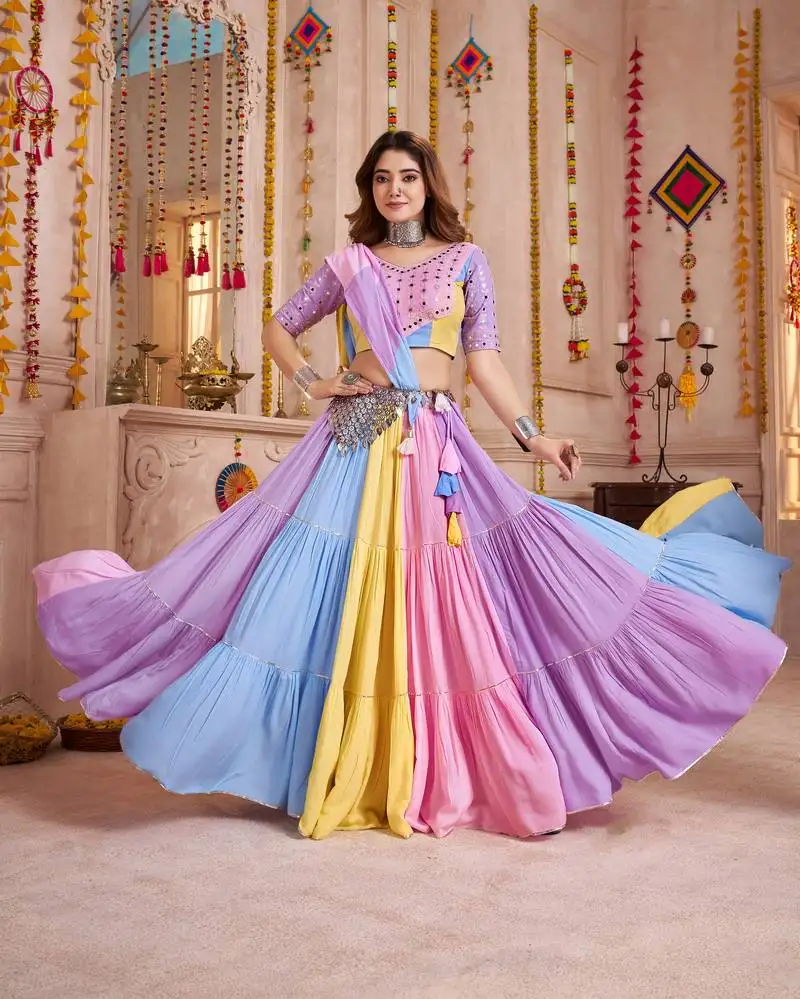 Lavender pink embroidered & real mirror work viscose cotton marriage function party wear festival stitched lehenga choli