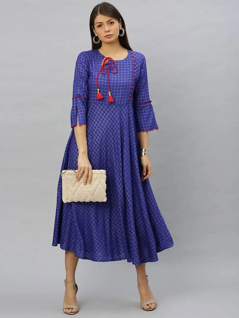 Women's rayon checkered printed anarkali kurta