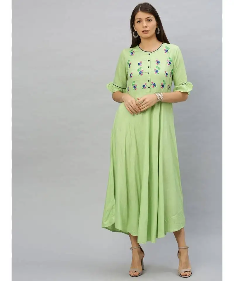Rayon slub embroidered anarkali kurta dress green