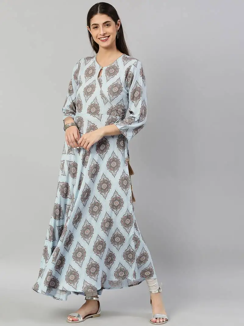 Women's rayon buta printed angrakha kurta (blue)