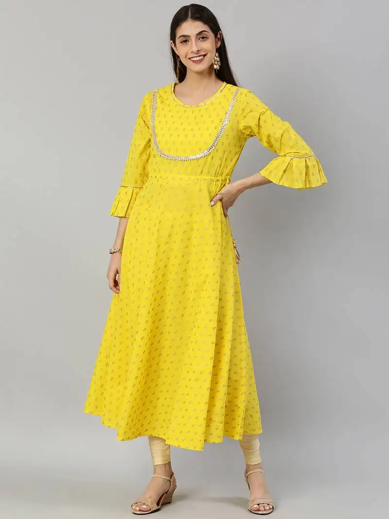Women's cambric cotton golden butti printed anarkali kurta (yellow)