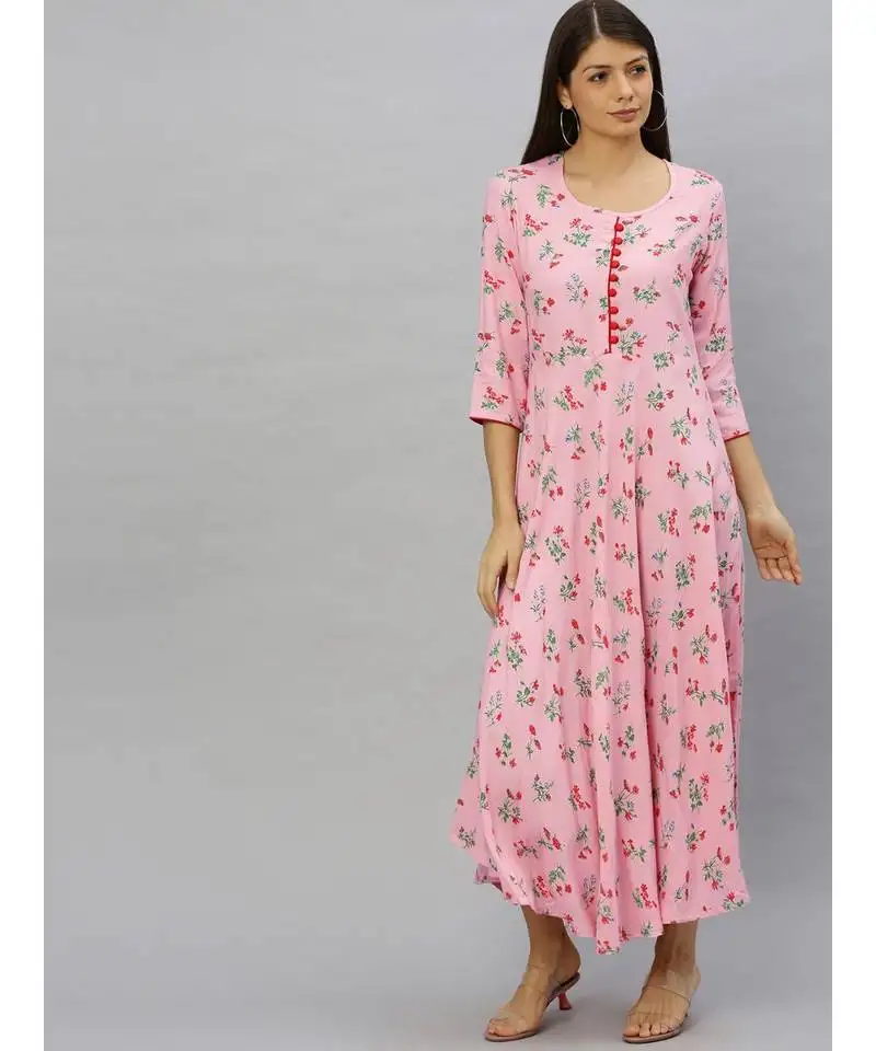 Rayon floral printed anarkali kurta dress pink