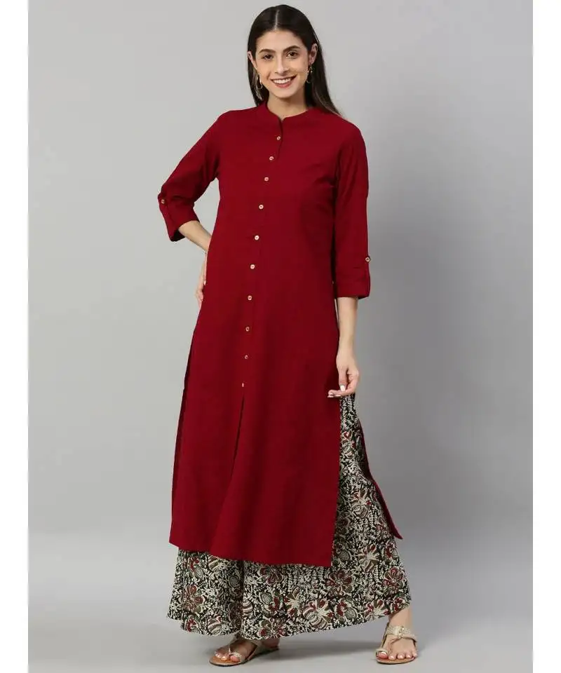 Cotton slub solid straight kurta with ajarak printed palazzo set maroon