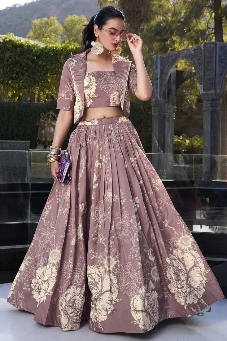 Mauve floral print tussar silk party wear crop top lehenga with jacket