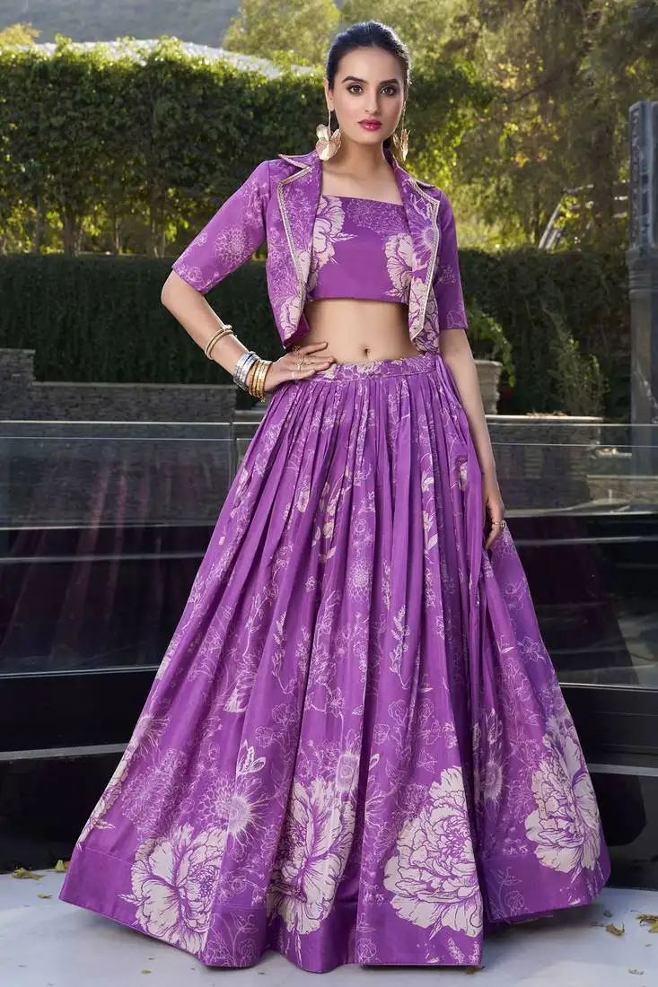 Purple printed tussar silk cocktail wear crop top lehenga with jacket