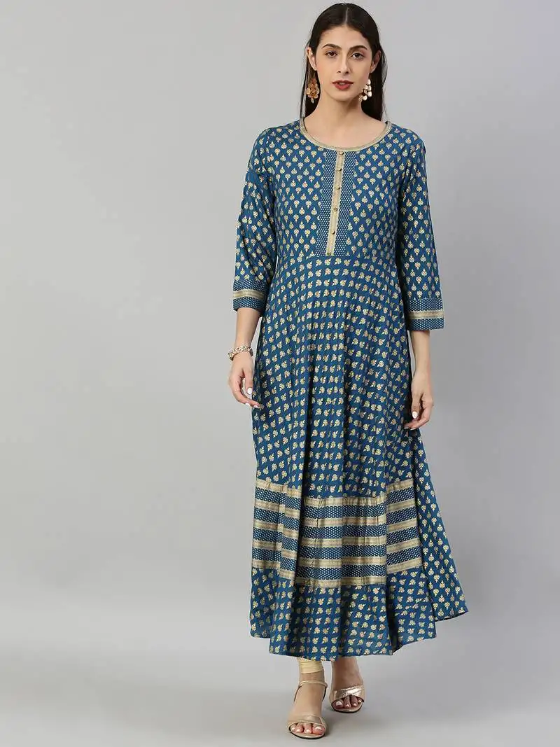 Women's rayon golden buti printed anarkali kurta (blue)