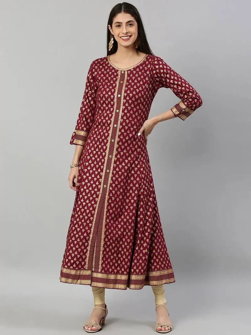 Women's rayon golden buti printed a-line kurta (purple)