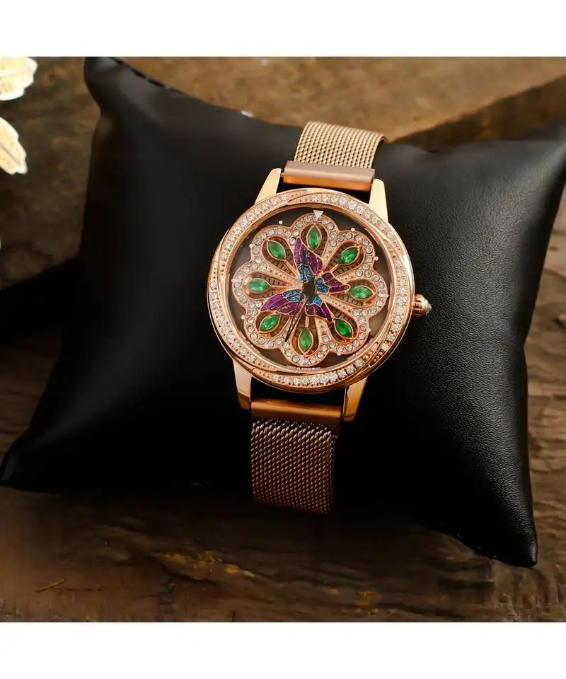 Rose gold butterfly design green dail revolving adjustable magentic watch