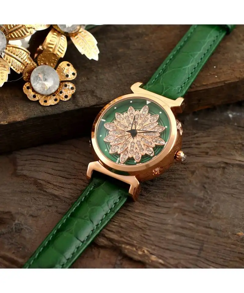 Green flower design classy revolving dail watch