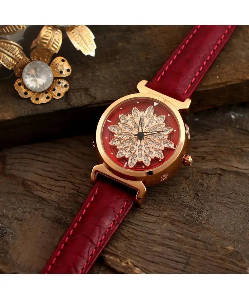 Magenta flower design classy revolving dail watch