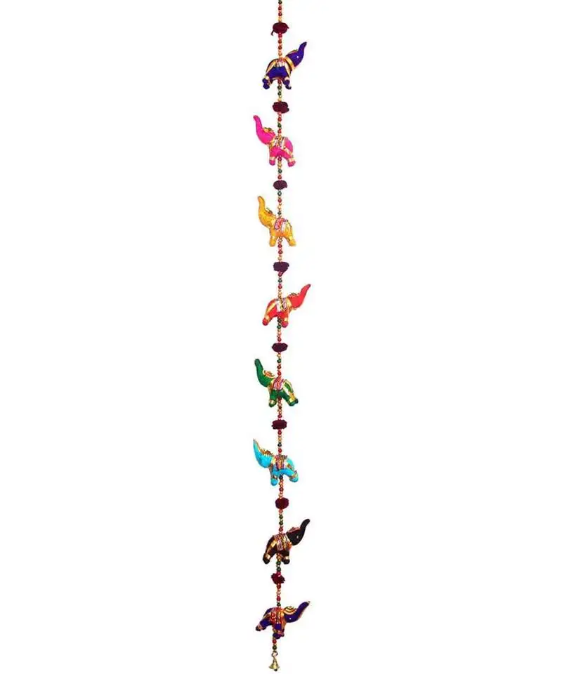 Door hanging ative velvet fabric 10 elephants in vibrant color stringed with beads single layer