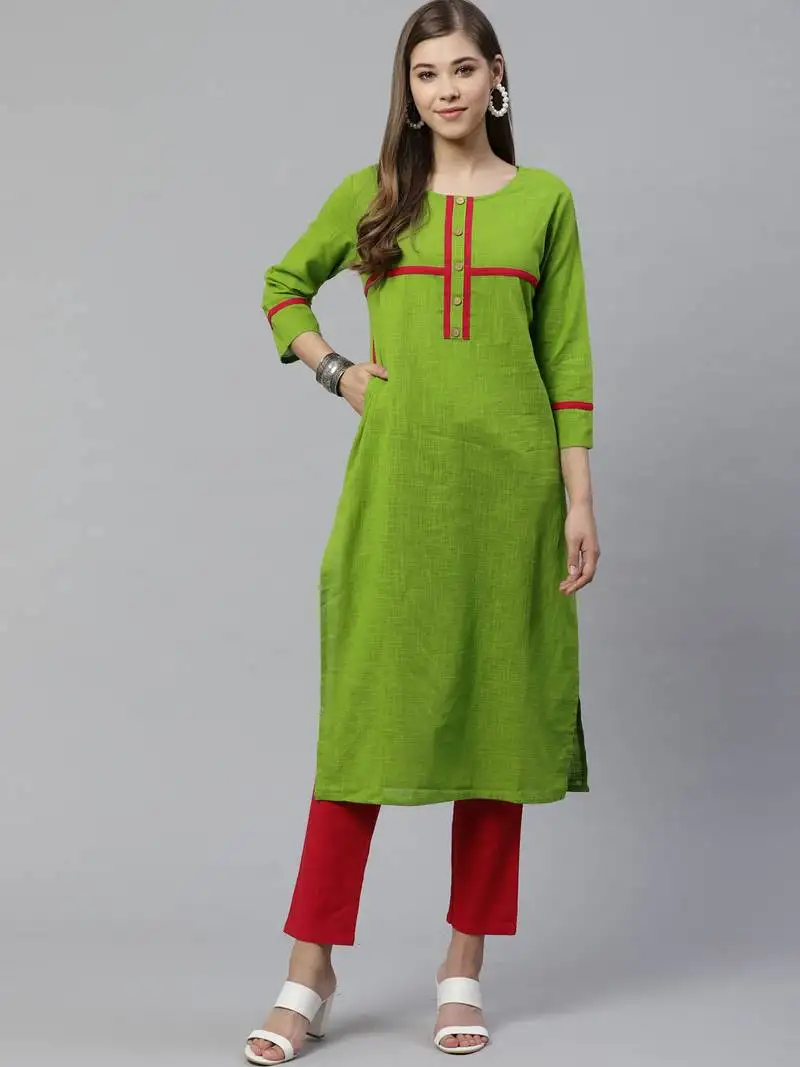 Women's cotton slub regular straight kurta (green)