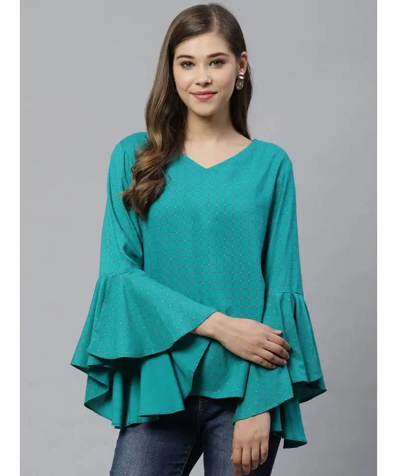 Rayon checkered printed regular toprama green