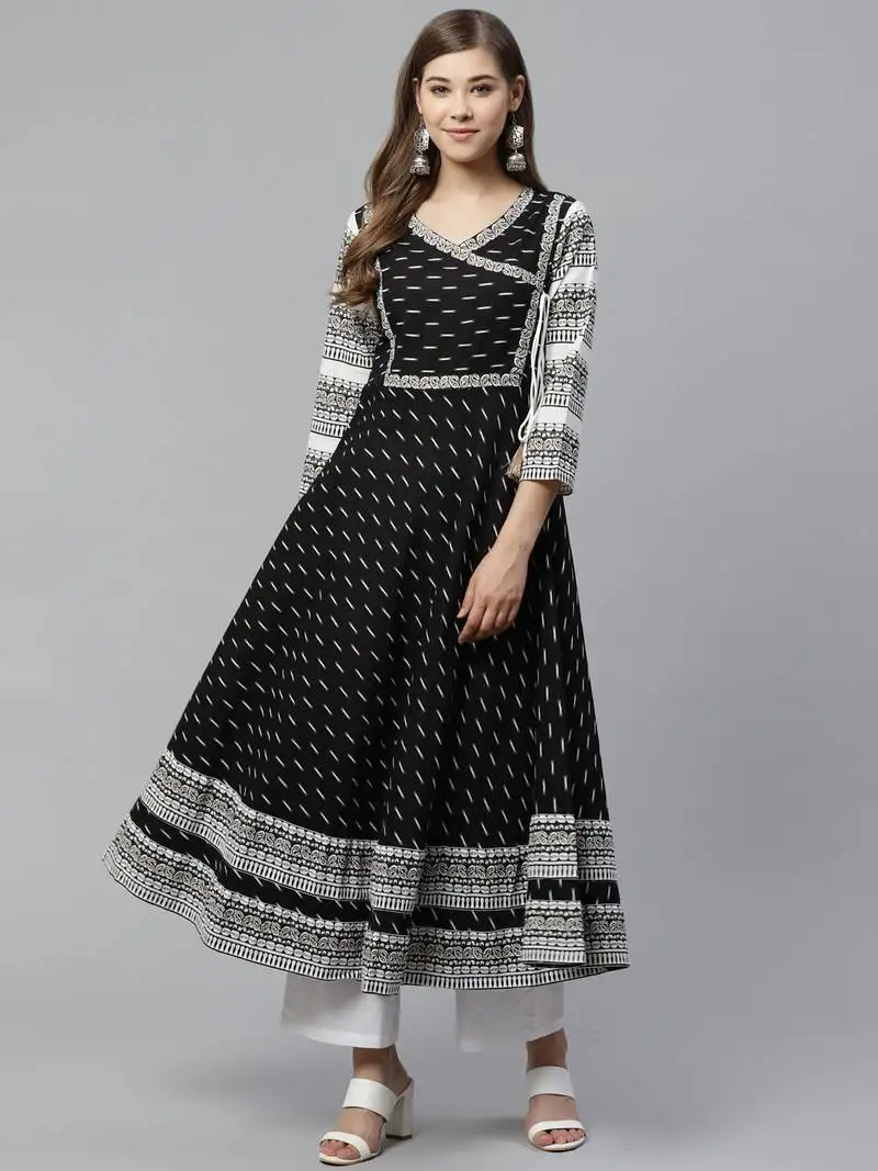 Women's cotton & cotton slub ikat printed anarkali kurta (black)