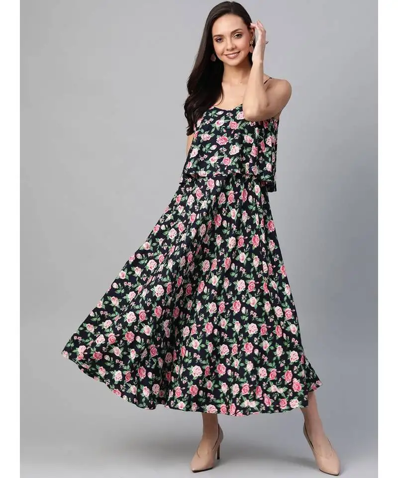 Rayon straped floral printed maxi dress