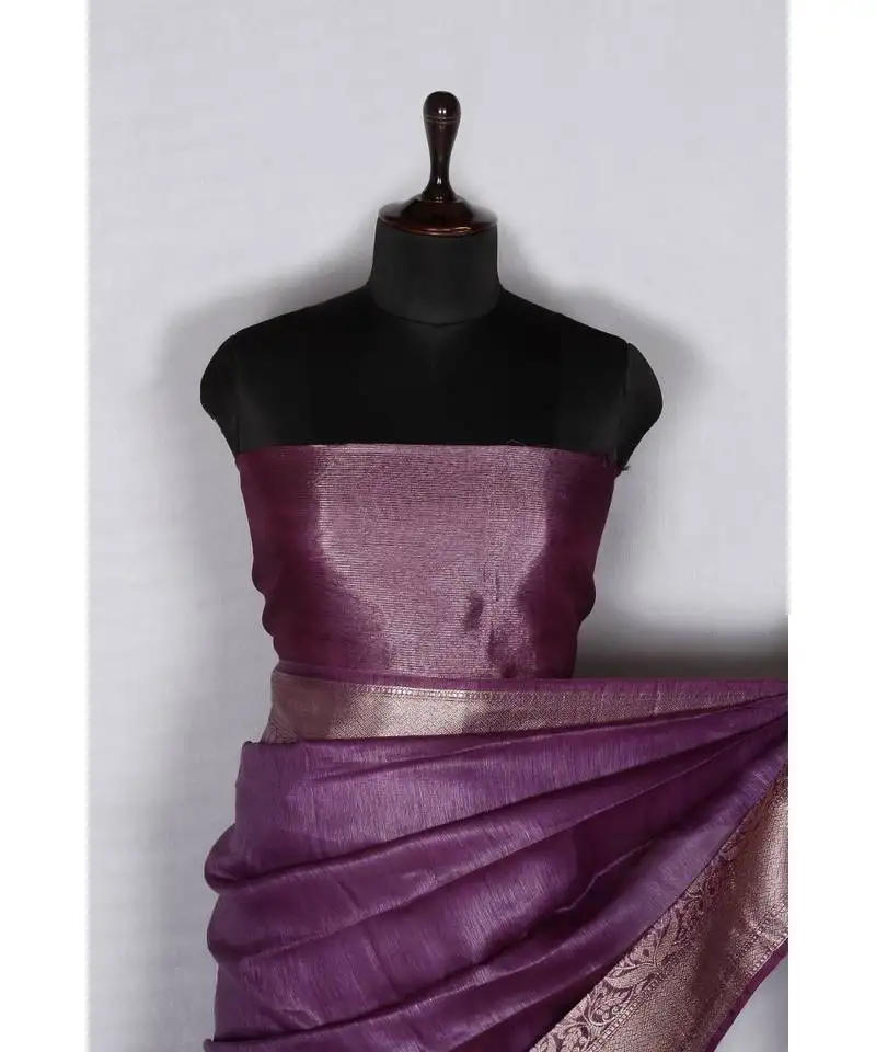 Purple handloom banarsi linen saree with blouse piece