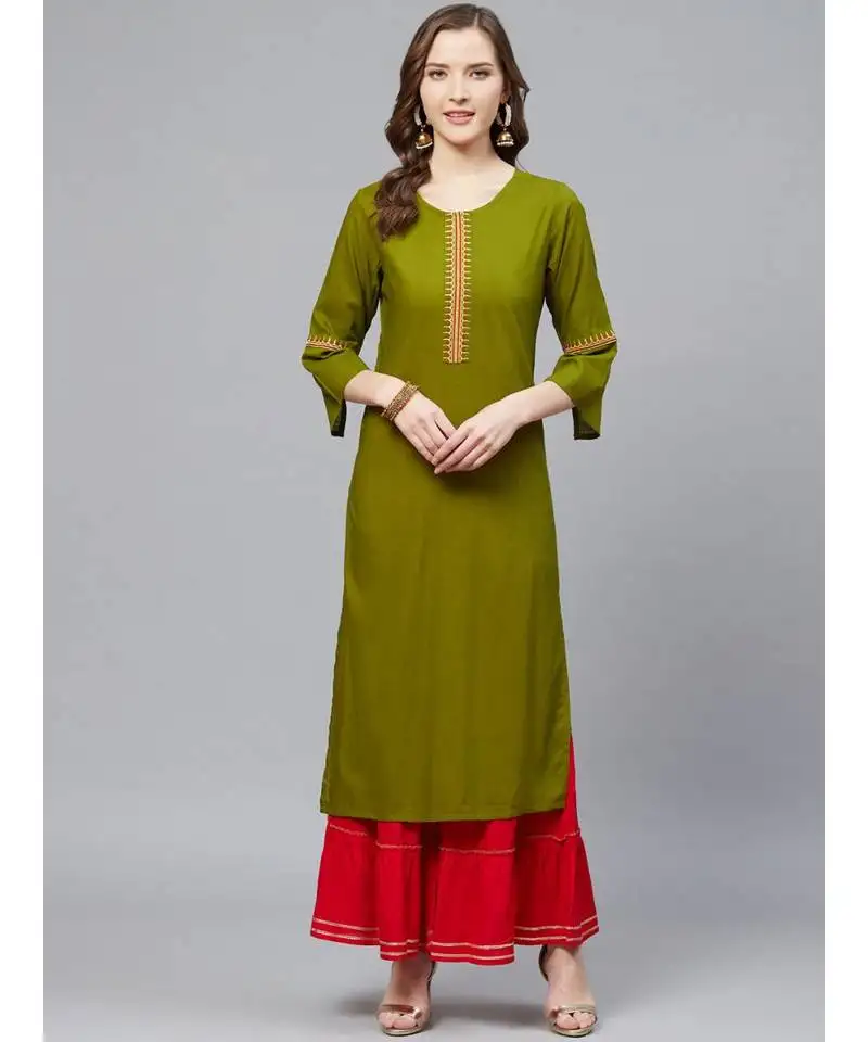 Rayon slub straight kurta & sharara setolive green & red