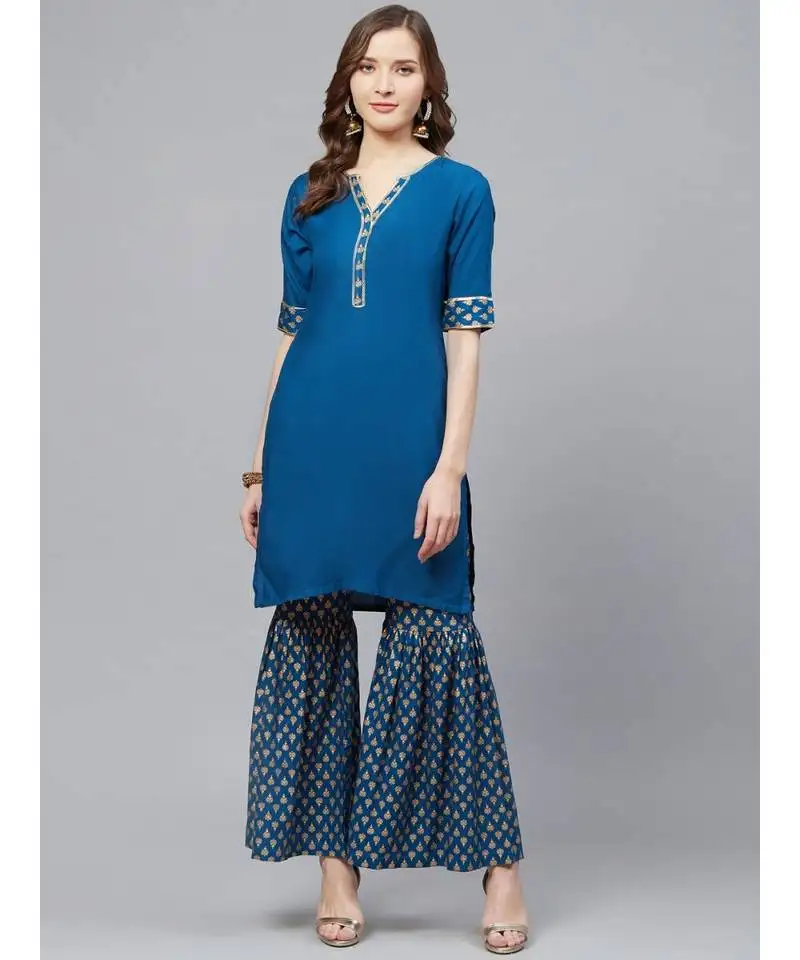 Rayon gold printed straight kurta & sharara set blue