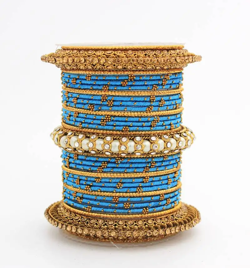 Traditional thread bangle set with pearl centre kada