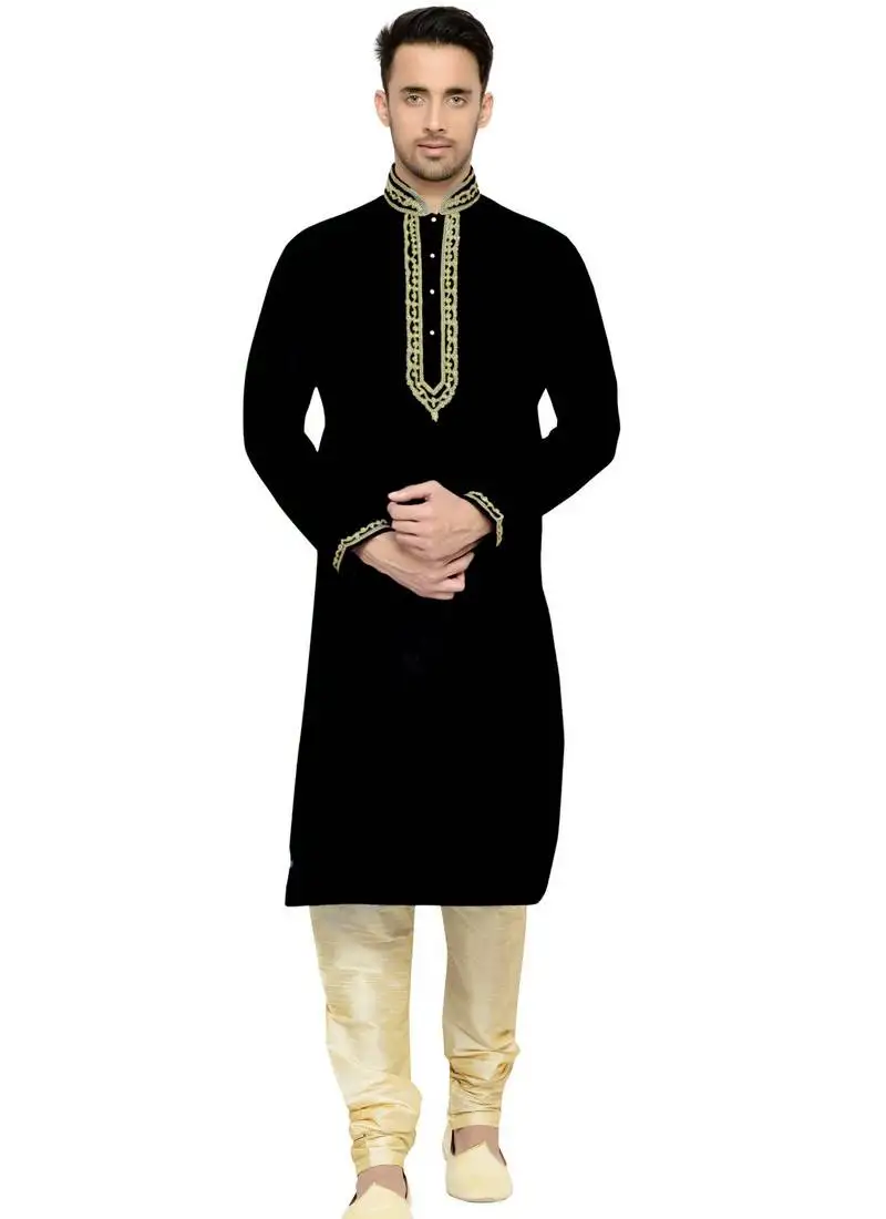 Black embroidered dupion silk kurta pajama
