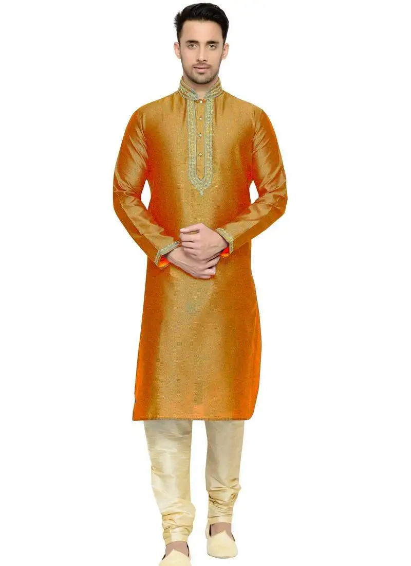 Orange embroidered dupion silk kurta pajama