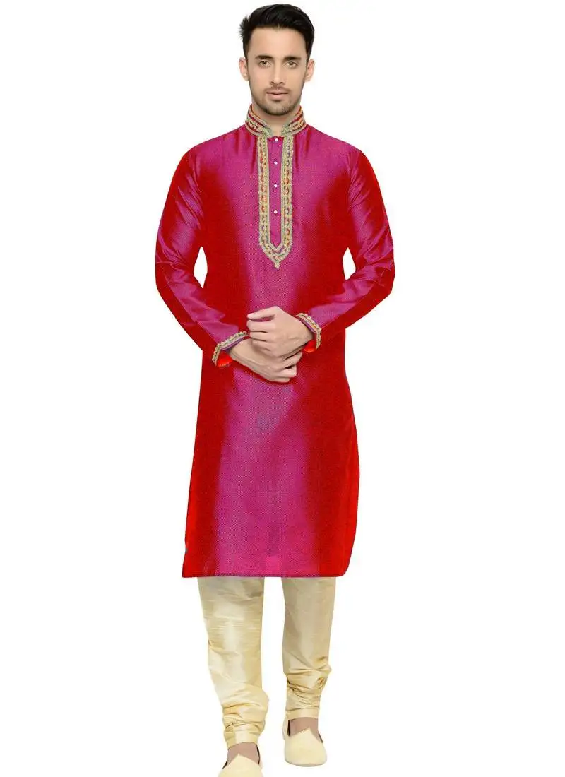 Pink embroidered dupion silk kurta pajama