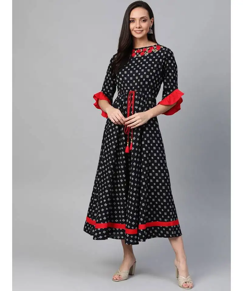 Cambric cotton embroidered geomatrical print anarkali kurta dress black