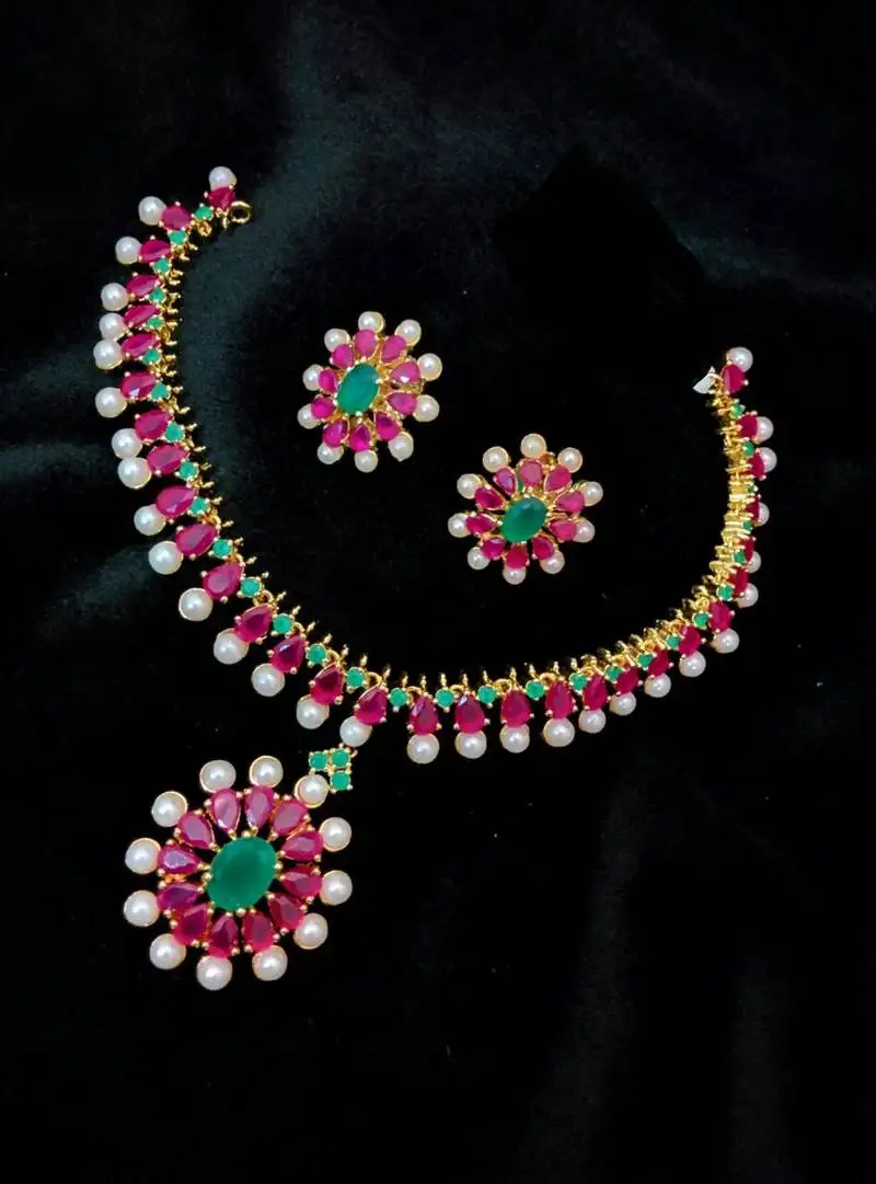 Georgeous gold plated ruby and pearl necklace set