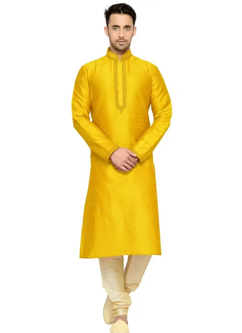 Yellow embroidered dupion silk kurta pajama