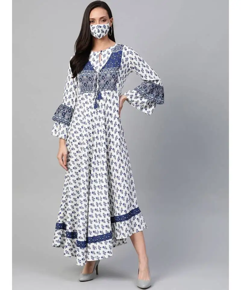 Rayon floral printed anarkali kurta dresswhite