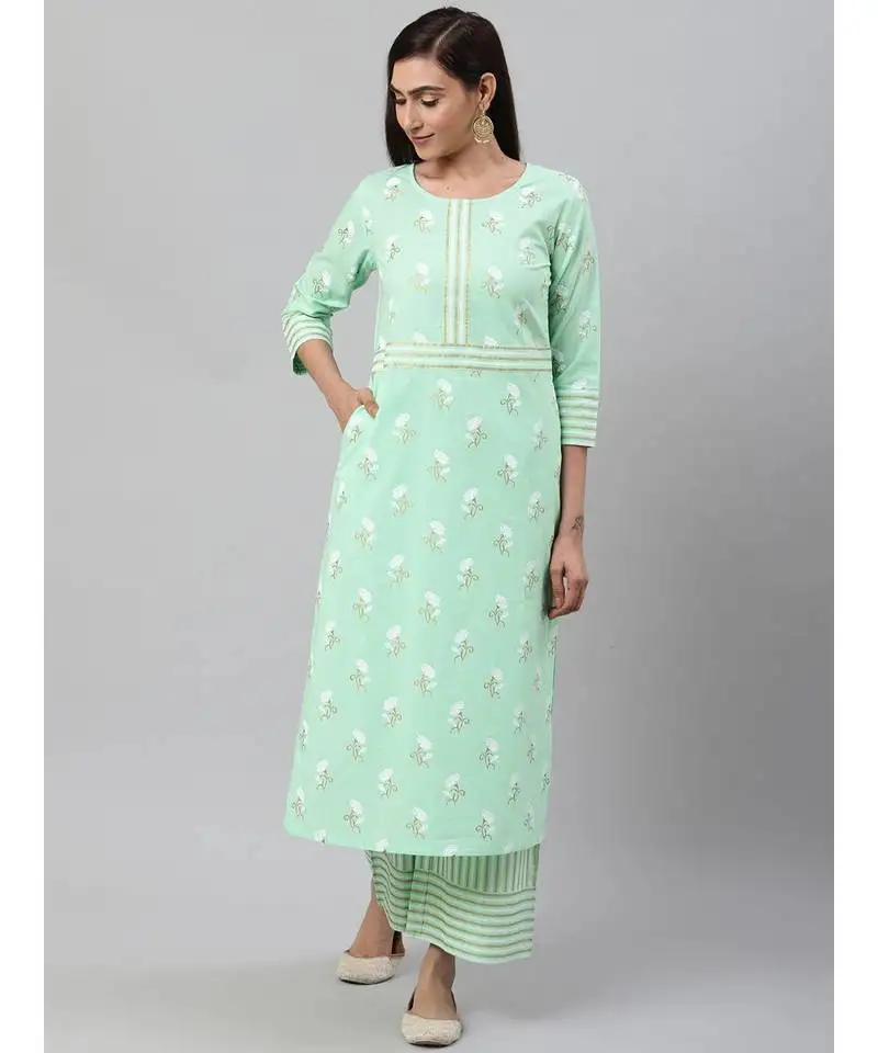 Cotton floral & stripe straight kurta & palazoo setgreen
