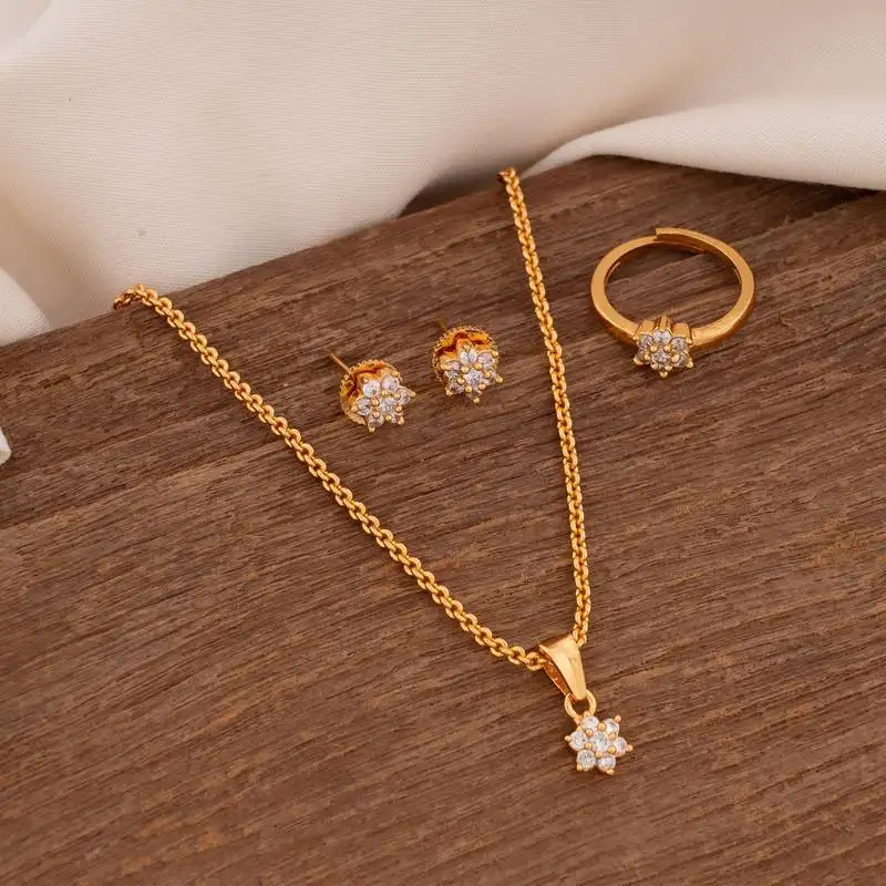 Golden diamond pendant short necklace earrings and finger ring set one gram gold