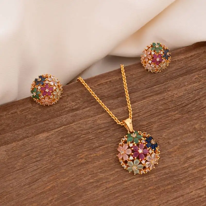 Golden chain with flowers pendant and earrings set one gram gold