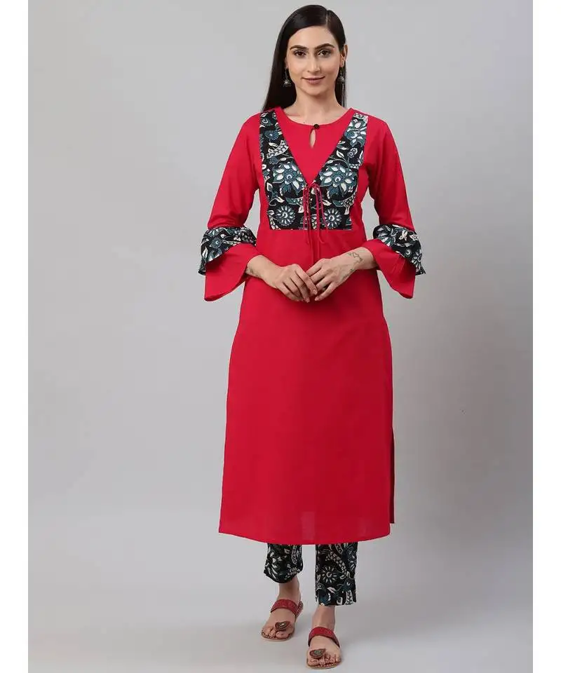 Cotton jacket style straight kurta & pant setpink & black