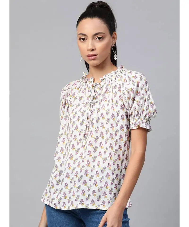 Girls cotton crepe ruffle frill floral printed top