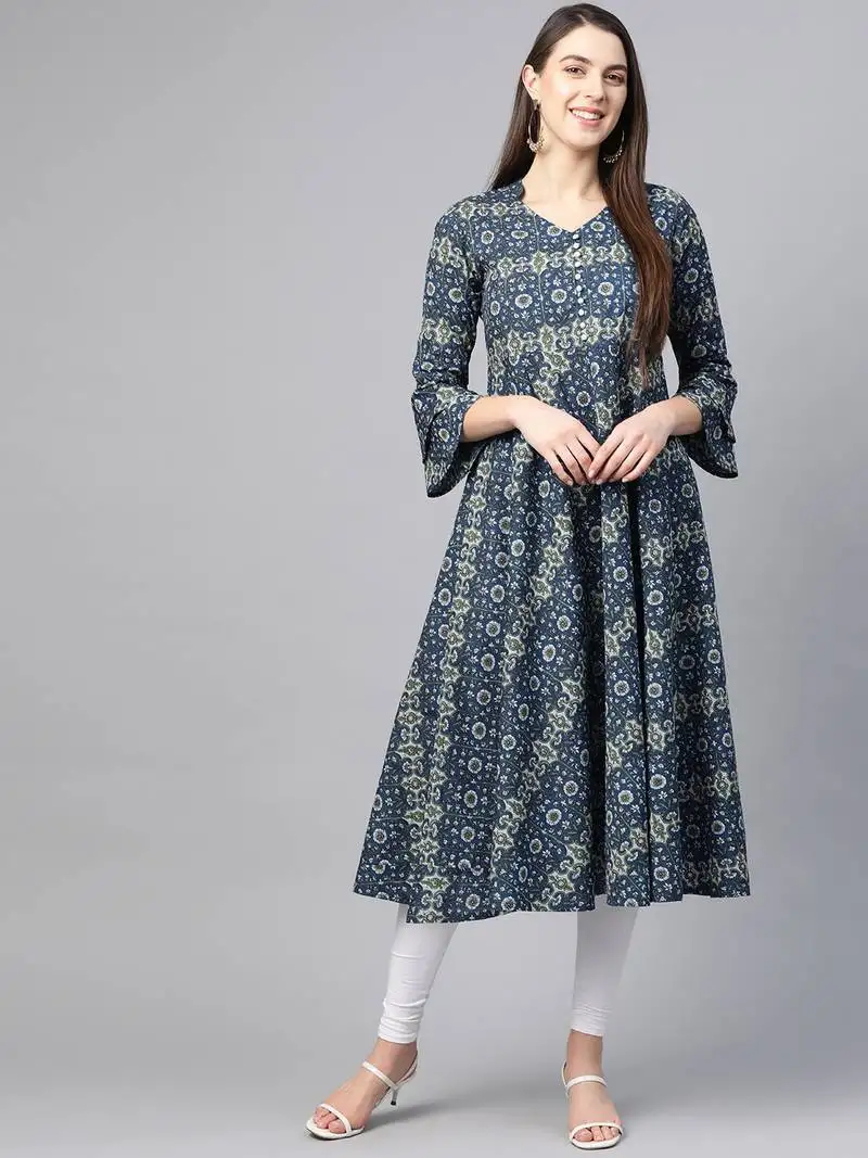 Women's cotton floral printed anarkali kurta (blue)