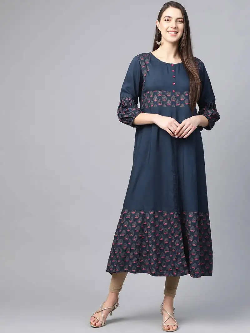 Women's rayon floral printed anarkali kurta (blue)