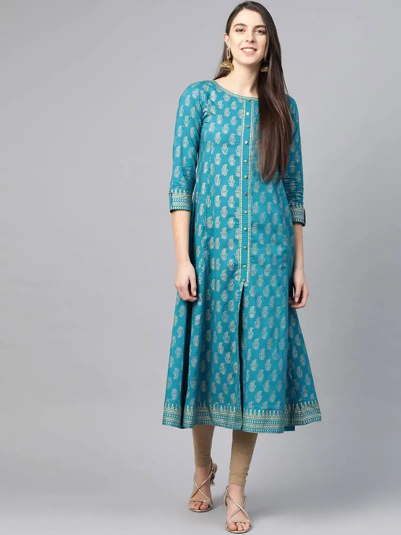 Women's cotton gold print anarkali kurta (teal)