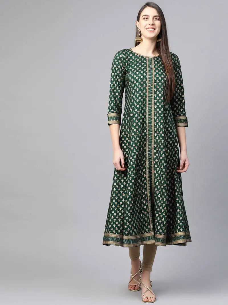 Women's rayon golden floral printed a-line kurta (green)