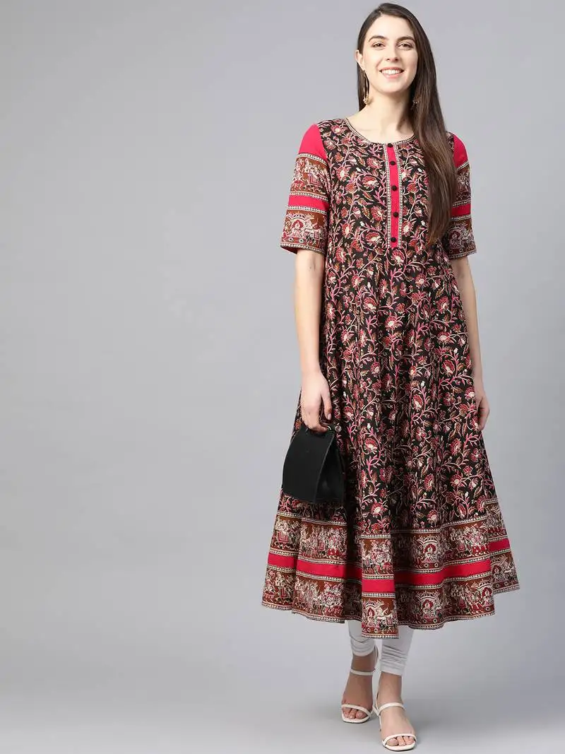 Women's cotton floral printed anarkali kurta (black)