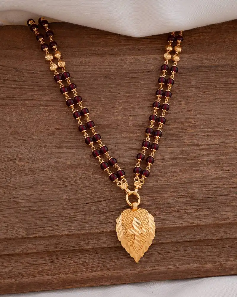 Maroon beads long necklace with golden cross in leaf pendant one gram gold
