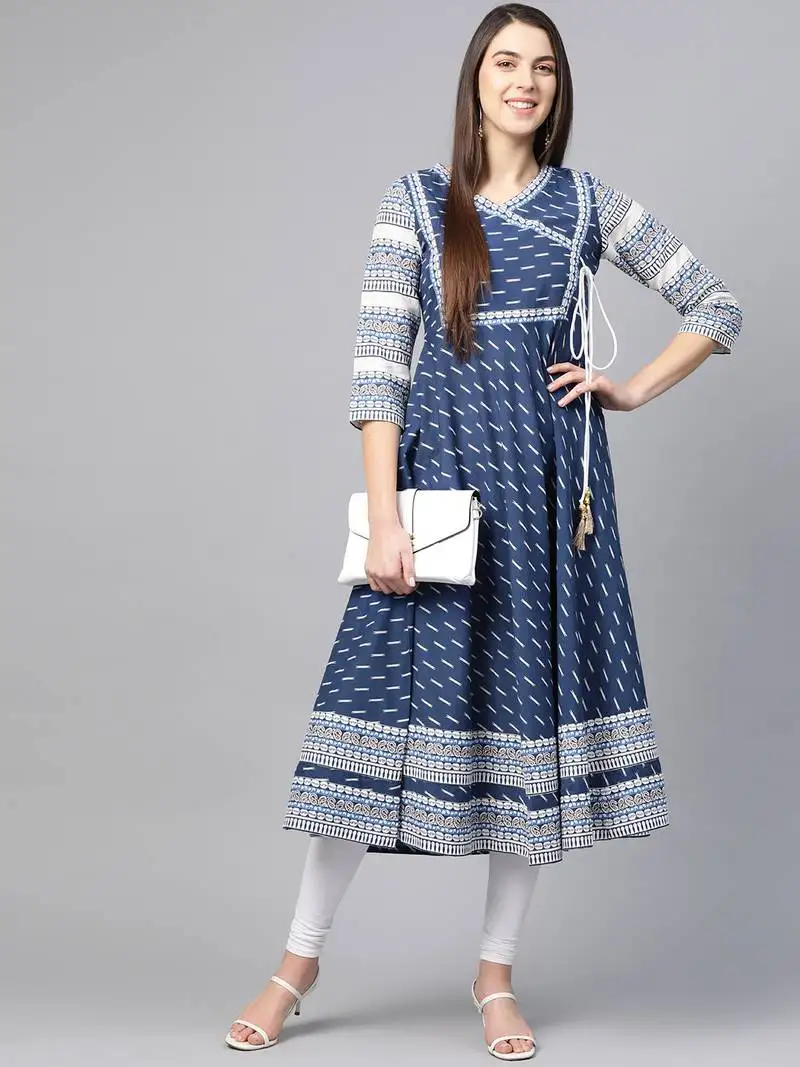 Women's cotton & cotton slub ikat printed anarkali kurta (blue)