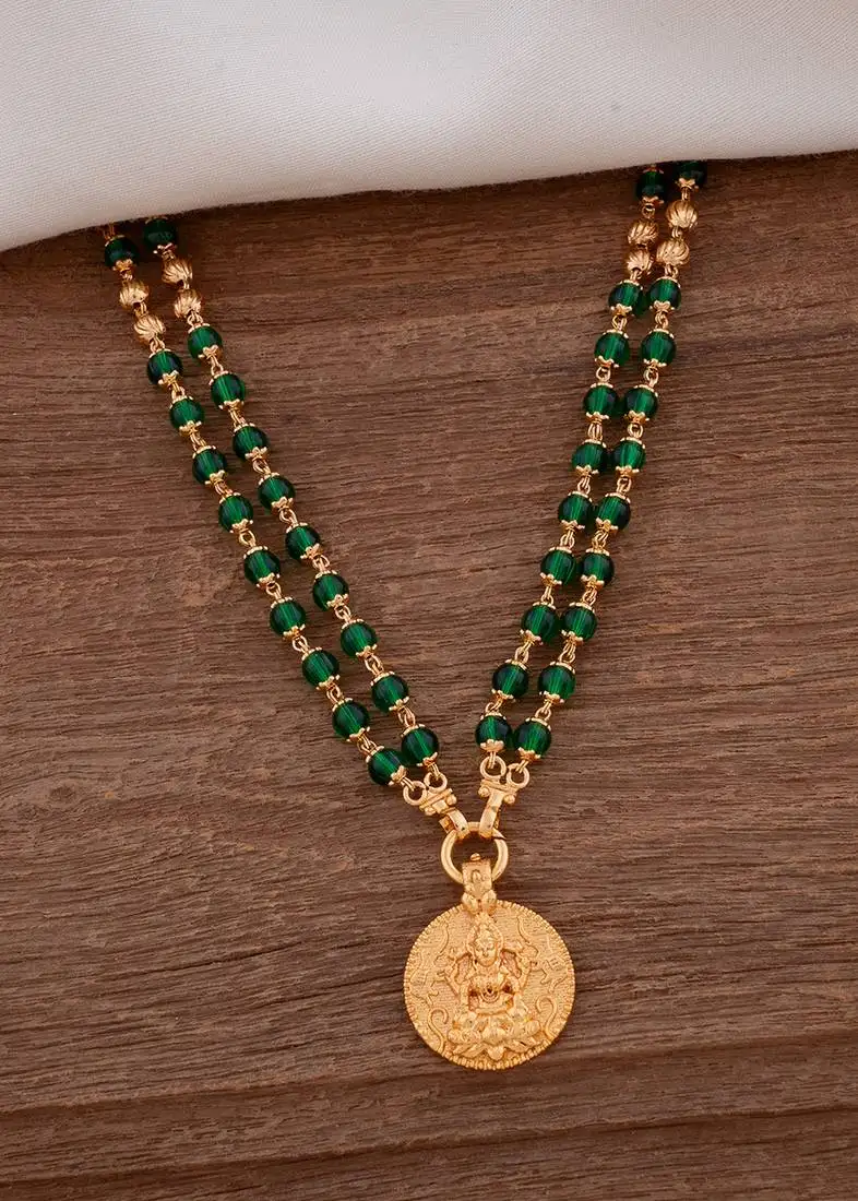 Green beads necklace long with laxmi coin pendant one gram gold