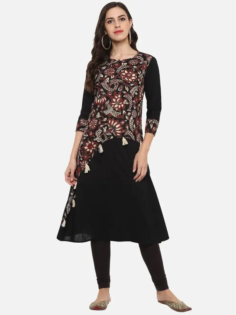Women's cotton slub a-line kalamkari kurta (black)