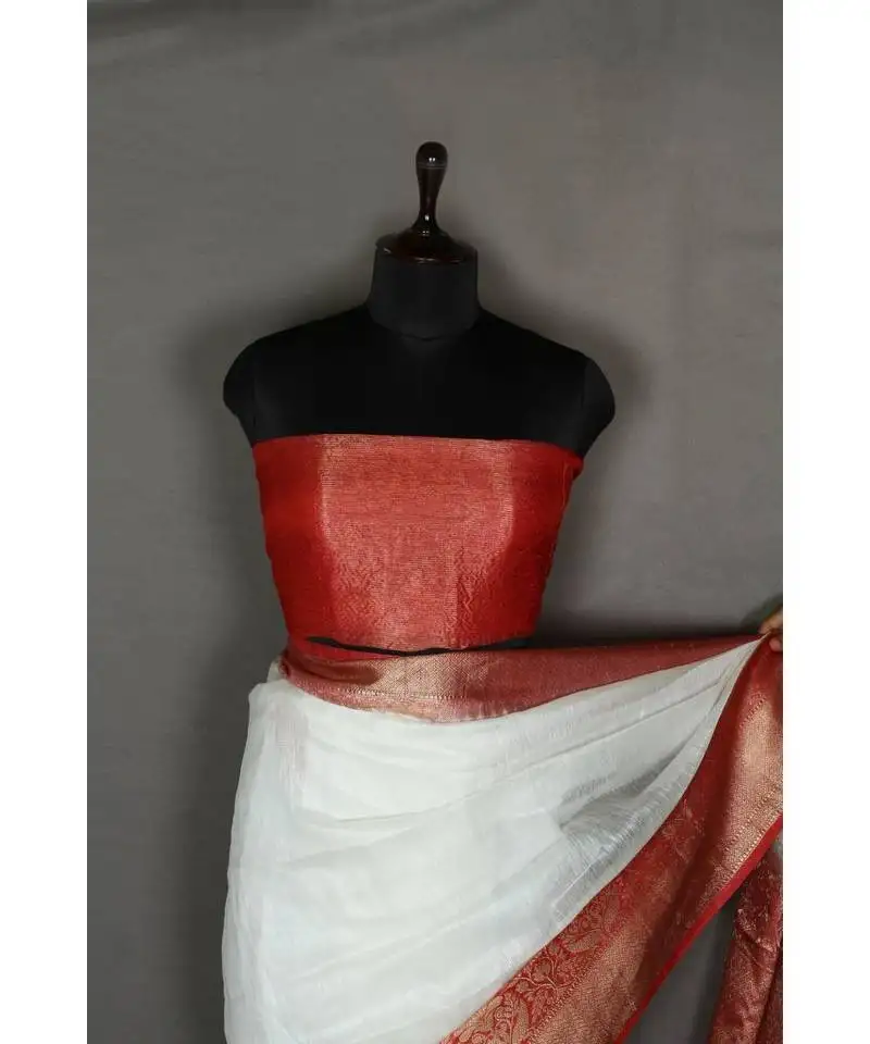 White handloom banarsi linen saree with blouse piece