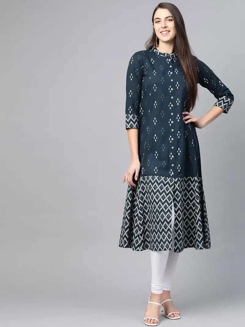 Women's cotton ikat printed a-line kurta (blue)