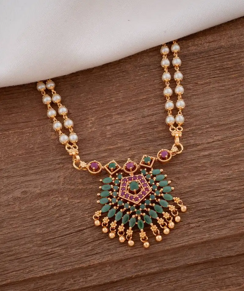 Pearl necklace long with green pendant one gram gold
