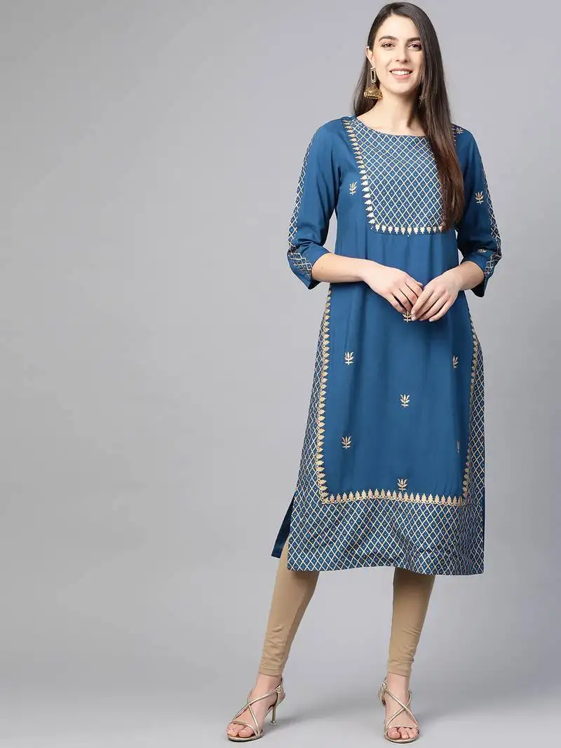 Women's rayon golden floral printed straight kurta(blue)