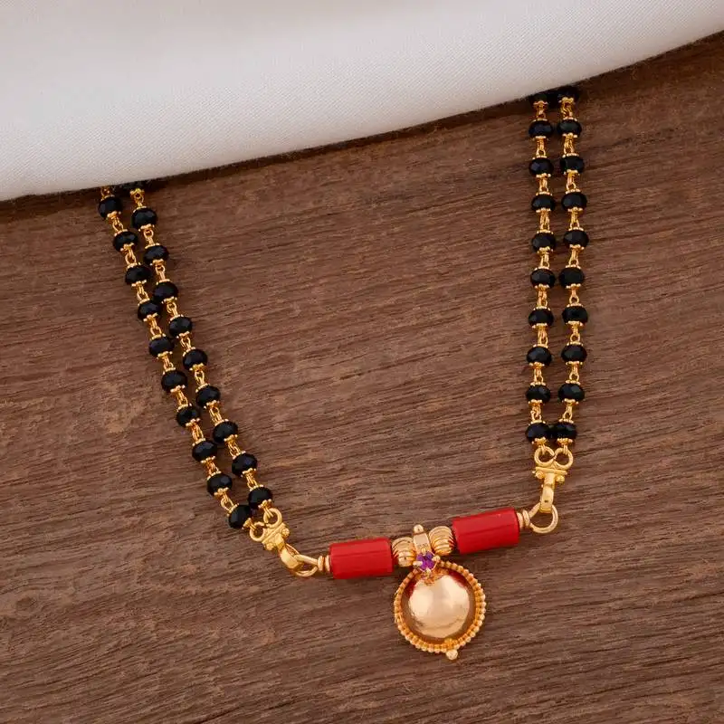 Black beads mangalsutra medium length with single vati pendant one gram gold